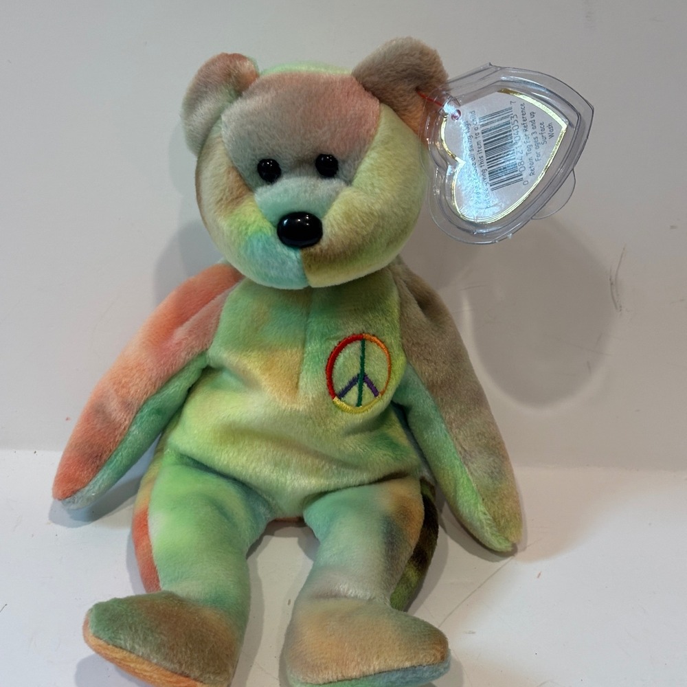 Ty Beanie Baby Peace Bear 1996 Tie Dye Plush Rainbow Peace Sign Symbol 4053